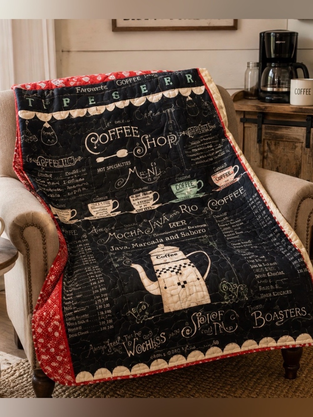 Handmade Coffee Shop Quilt Throw 50x70 Coffee Lover Blanket Farmhouse Decor